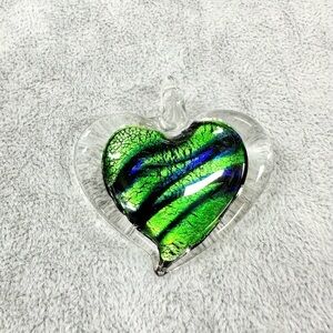 Clear With Blue and Green Heart Art Glass Hand Blown Lamp Work Pendant